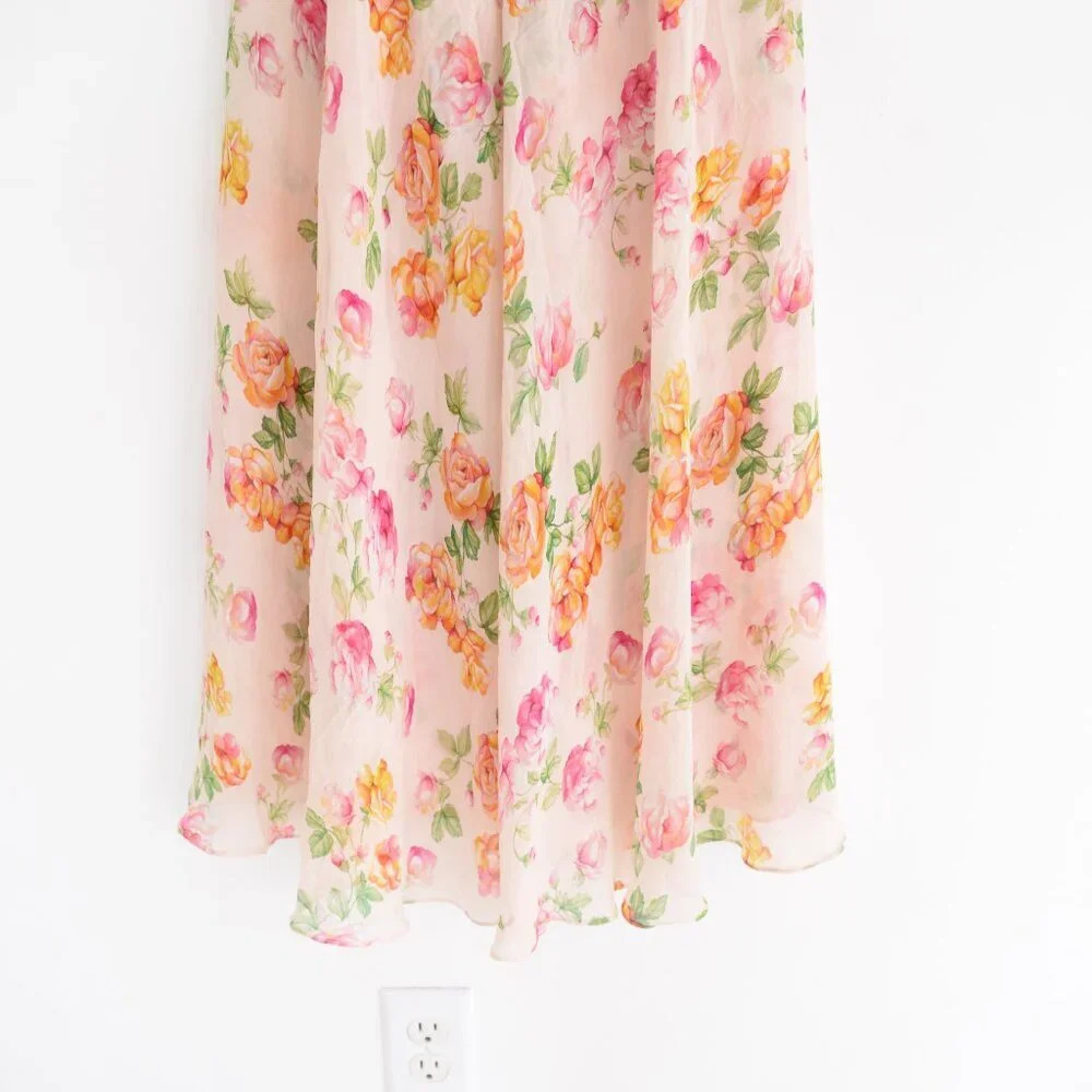 Kooples Antique Pink Floral 100% Silk Puff Sleeve Button Down Slip Midi Dress - Picture 11 of 14